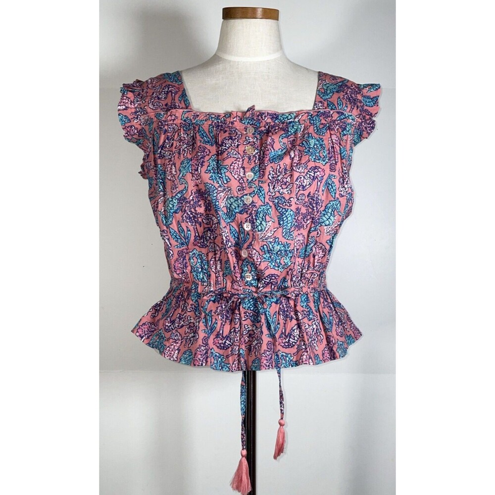 Simply Southern Women  Blouse Peony Pink size MEDIUM Seahorse Beach Cotton